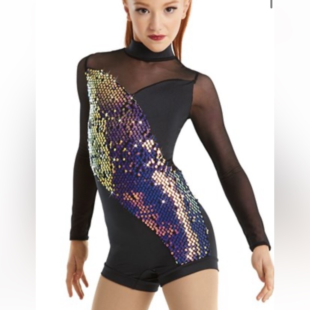WEISMANNS CHILD MEDIUM RUN THE WORLD DANCE COSTUME BIKETARD NO DAMAGES + HAIRTIE